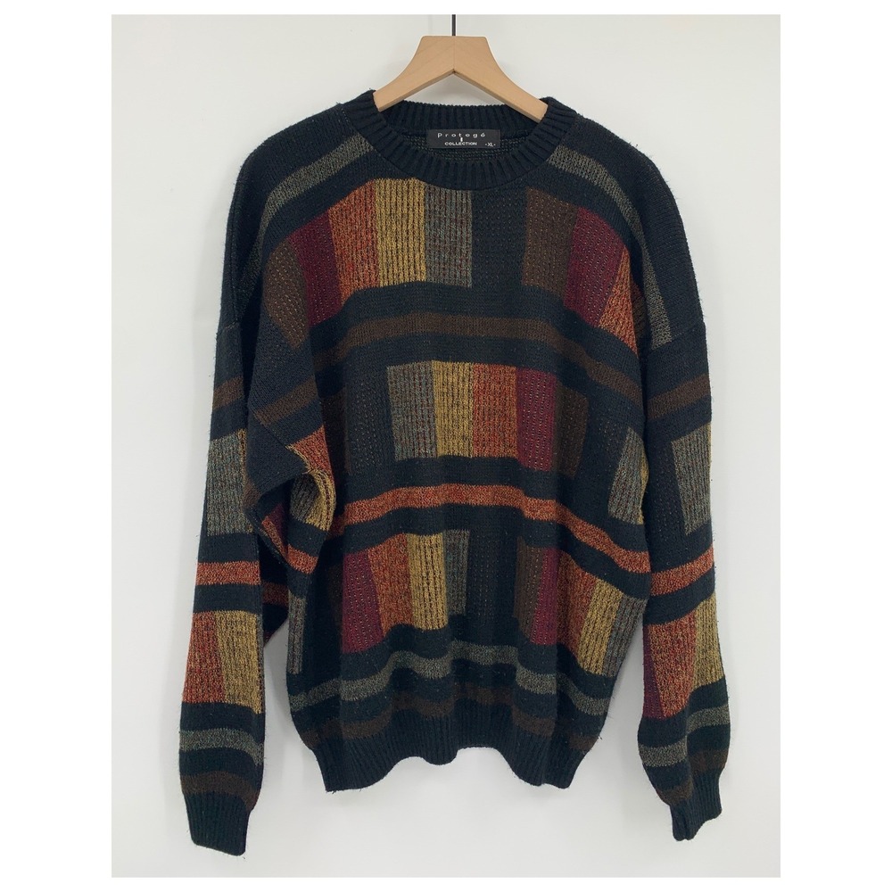 Vintage Protege Collection Sweater Mens XL Black Geometric Knit Grandpa Made USA